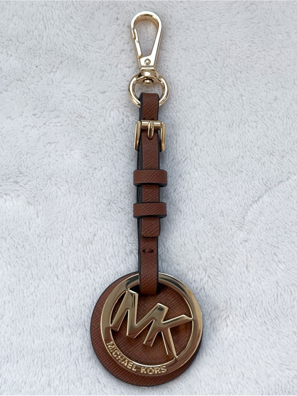 Michael Kors MK Gold Brown Saffiano Leather Handbag Charm Keychain NWOT